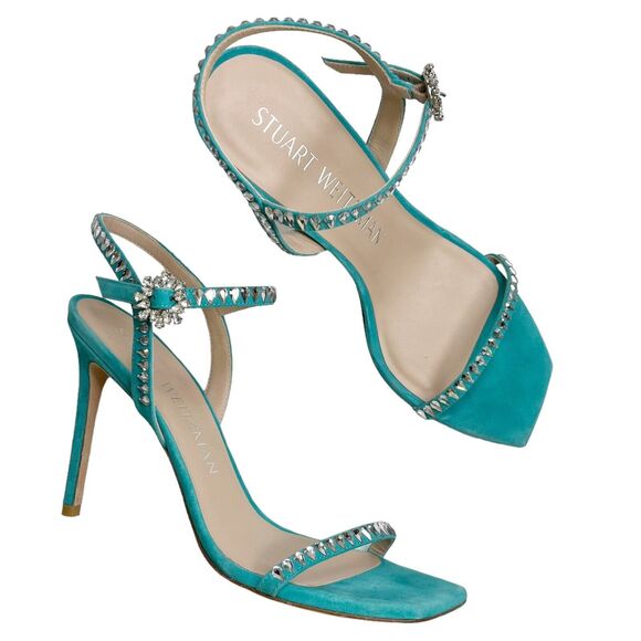 Stuart Weitzman Heels Women’s Size 9 Blue Suede Gemcut Sandals Crystal Strap - Picture 1 of 12